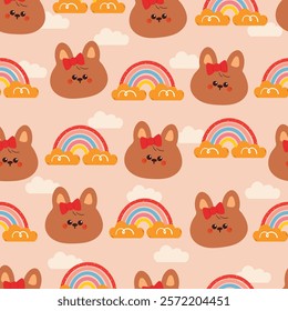 seamless pattern cute cartoon bunny with rainbow and sky element. cute animal drawing for wallpaper, pattern, background