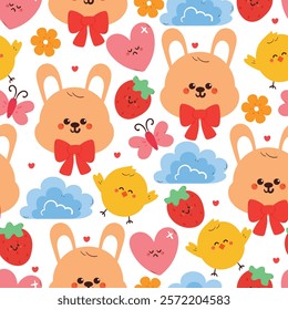 seamless pattern cute cartoon bunny and chick with sky element and butterfly. cute animal drawing for wallpaper, pattern, background