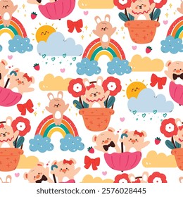 seamless pattern cute cartoon bunny and pig with sky element. cute animal drawing for wallpaper, pattern, background