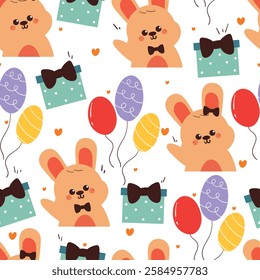seamless pattern cute cartoon bunny with birthday box and balloon. cute animal drawing for birthday wallpaper, pattern, background