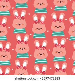 seamless pattern cute cartoon bunny with flower crown. cute animal drawing for wallpaper, pattern, background