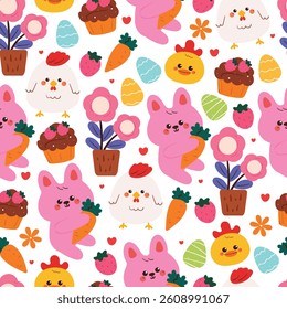 seamless pattern cute cartoon bunny with chicken and cute stuff. cute wallpaper and background