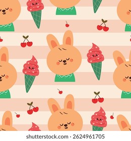 seamless pattern cute cartoon bunny with strawberry ice cream character. cute animal drawing for wallpaper and background
