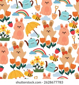 seamless pattern cute cartoon bunny with bees and spring stuff. cute animal drawing for spring wallpaper and background