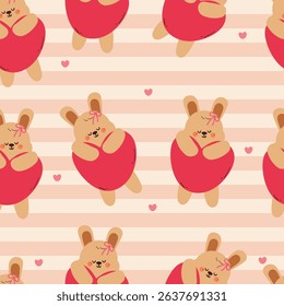 seamless pattern cute cartoon bunny with pink heart balloon. cute animal drawing for wallpaper and background