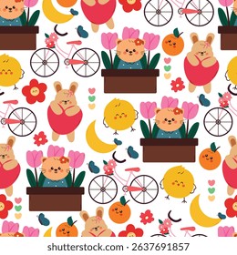 seamless pattern cute cartoon bunny, cat and chick with cute stuff. cute animals drawing for wallpaper, background