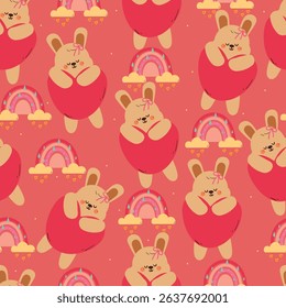seamless pattern cute cartoon bunny with pink heart balloon and rainbow. cute animal drawing for wallpaper and background