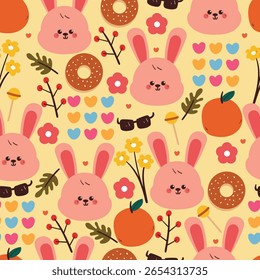 Conejito lindo de la historieta con el postre, la planta y los corazones. patrón animal lindo para la impresión de la tela y el papel del abrigo del regalo