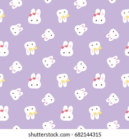 Seamless Pattern of Cute Cartoon Bunny Head on Purple Background