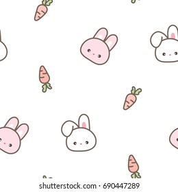 Seamless Pattern of Cute Cartoon Bunny and Carrot on White Background