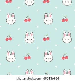 Seamless Pattern of Cute Cartoon Bunny and Cherry Design on Pastel Green Background