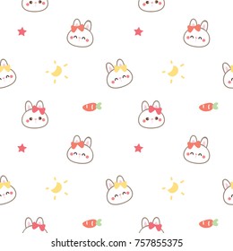 Seamless Pattern of Cute Cartoon Bunny Face Design on White Background