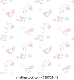 Seamless Pattern of Cute Cartoon Bunny Face and Heart Design on White Background