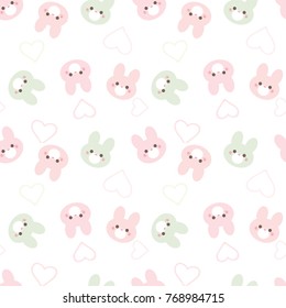 Seamless Pattern of Cute Cartoon Bunny Face and Heart Design on White Background