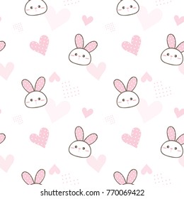 Seamless Pattern of Cute Cartoon Bunny Face and Pastel Pink Heart Design on White Background