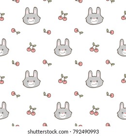 Seamless Pattern of Cute Cartoon Bunny Face and Cherry on White Background