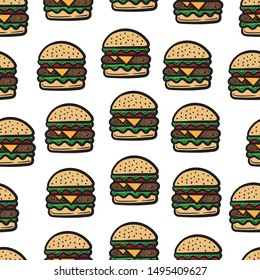 Seamless Pattern of Cute Cartoon Burger Design on white Background. Burger Pattern Vector. Illustration Art