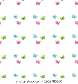 Seamless pattern with cute cartoon butterflies in different colors on white background. Flat vector illustration.