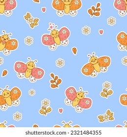 Seamless pattern with cute cartoon butterflies with emotions on blue background with flowers. Vector Illustration in style of stickers for kids collection, wallpaper, design, textile, packaging, decor