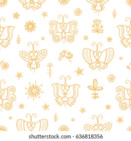 Seamless pattern with cute cartoon butterflies in dresses on white background. Funny animals, flowers and plants. Vector contour  image. 