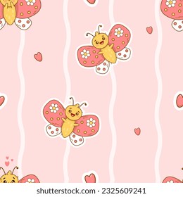 Seamless pattern with cute cartoon butterfly on striped light pink background. Groovy vector Illustration for kids collection, wallpaper, design, textile, packaging, decor