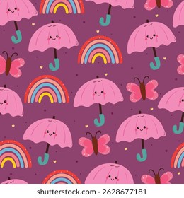 seamless pattern cute cartoon butterfly with umbrella and rainbow. cute pattern for background, gift wrap paper