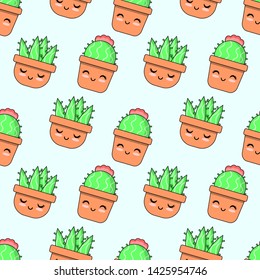 seamless pattern with cute cartoon cactus design on blue background