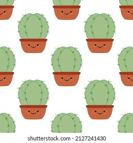 Seamless pattern with cute cartoon cactus. Vector illustration, isolated on a white background. Scandinavian style flat design. Concept for children print.