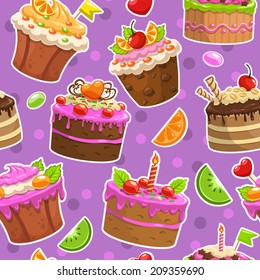 Seamless pattern with cute cartoon cakes and sweets