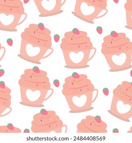 Seamless pattern with cute cartoon cakes in glasses, for fabric prints, textiles, gift wrapping paper. children's colorful vector, flat style