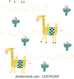 Seamless pattern with cute cartoon camel and cacti. Vector texture in doodle style great for fabric and textile, wallpapers, backgrounds. Scandinavian style.