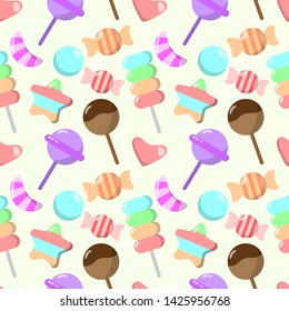 seamless pattern with cute cartoon candy and lollipop design on green background