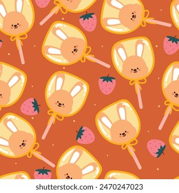 Patrón sin fisuras lindo caramelo de dibujos animados con diseño de conejito. Fondo de pantalla de diseño de alimentos lindo para papel envuelto de regalo