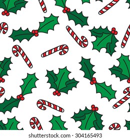 Seamless pattern with cute cartoon candy cane and holly berries. Christmas elements. Vector illustration eps8