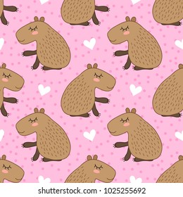 Seamless pattern with cute cartoon capybara vector illustration. South America fauna.