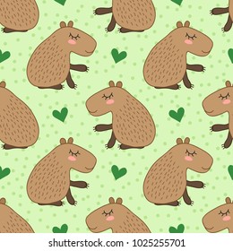 Seamless pattern with cute cartoon capybara vector illustration. South America fauna.