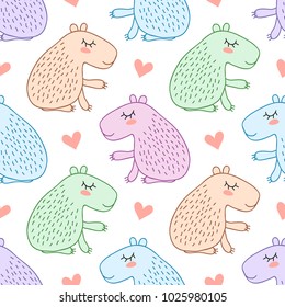 Seamless pattern with cute cartoon capybara vector illustration. South America fauna.