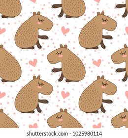 Seamless pattern with cute cartoon capybara vector illustration. South America fauna.