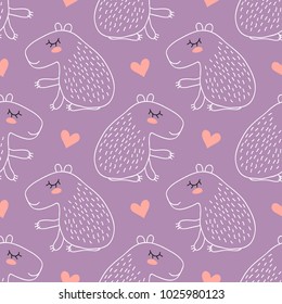 Seamless pattern with cute cartoon capybara vector illustration. South America fauna.