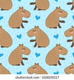 Seamless pattern with cute cartoon capybara vector illustration. South America fauna.