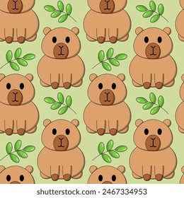 Seamless pattern with Cute cartoon Capybara and leaf