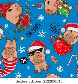 Seamless Pattern with cute cartoon Capybara