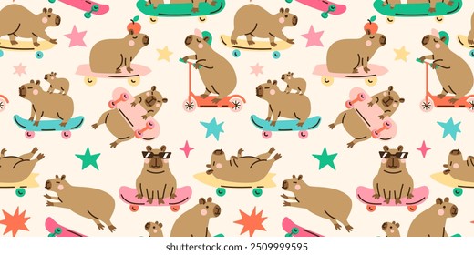 Padrão perfeito com bonitos capibaras de desenhos animados em skates. Ilustração de vetor desenhada à mão. Design infantil ingênuo. Personagem legal de quadrinhos, pôster infantil, cartão, banner de mídia social.