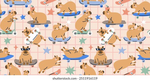 Seamless pattern with cute cartoon capybaras on skateboards. Hand drawn vector illustration. Naive childish design. Cool comic character, kids poster, card, social media banner.