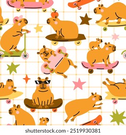 Seamless pattern with cute cartoon capybaras on skateboards. Hand drawn vector illustration. Naive childish design. Cool comic character, kids poster, card, social media banner.