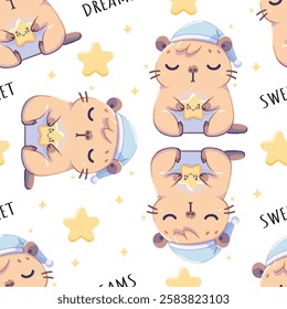 Seamless pattern with cute cartoon capybaras in sleep hats holding stars and sleeping peacefully isolated on white background. Soft pastel colors, perfect for baby shower card, kids tshirts.