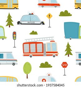 Seamless Pattern With Cute Cartoon Cars. Ambulance, Fire Truck, Police, Mail Car, Road Signs, Traffic Light On White Background. Vector Illustration