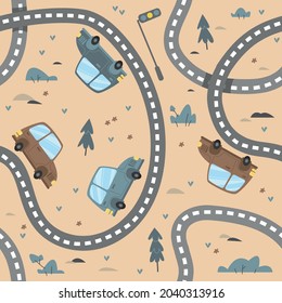 Seamless pattern with cute cartoon cars and road on a beige backdrop. Amusing cute cars are driving along the track among bushes and flowers. Cartoon vector illustration for kids.