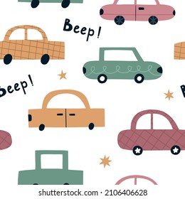 Seamless pattern with cute cartoon cars. Children's hand drawn print. Vector bright illustration