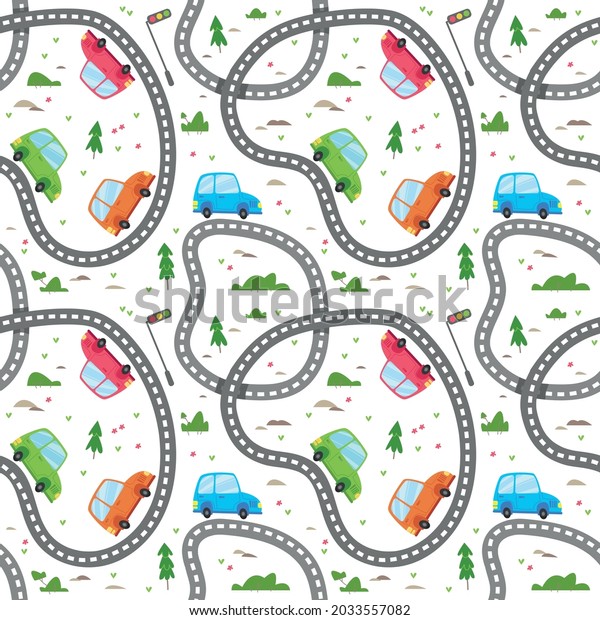 Seamless pattern with cute cartoon cars and road.\
Amusing multi-colored cars on a white background are driving along\
the track among the bushes and flowers. Vector cartoon illustration\
for kids boys